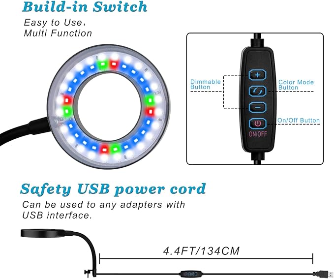 Clip On Aquarium Light for 1 to 3 Gal Fish Tank (Dimmable White+Blue+Red LED) USB Moving Lamp for Open Terrarium (Adapter NOT Included)