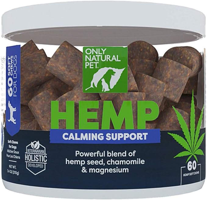 Only Natural Pet - Natural Hemp Soft Chew Bites for Dog Stress & Anxiety Relief - L-Theanine, Chamomile & Lemon Balm - Hemp Oil Calming Chews for Dogs - 60 Count