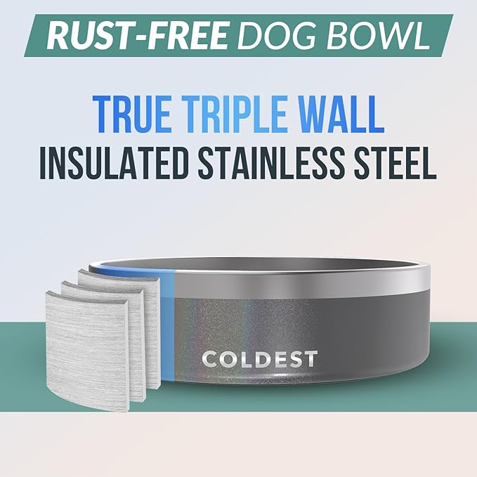 Coldest Dog Bowl - Anti Rust Metal & Non Slip Dog Bowls Large, Spill Proof Heavy Duty 3 Layers Insulated Dog Bowl - Food and Water Bowl for Dogs, Cats & Pets, Dishwasher Safe (42 oz, Stardust Glitter)