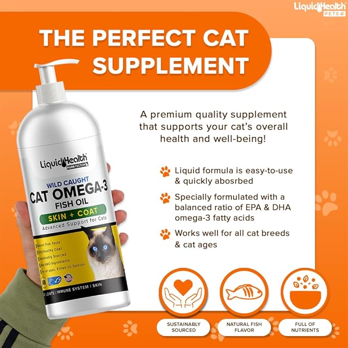 Liquid Health Pets Purr-Fection Omega 3 Fish Oil for Cats - Liquid Omega 3 for Cats with EPA+DPA+DHA, Cat Omega 3 Supplement May Reduce Itching, Support Joint, Immunity, Brain, Heart Health (8 Oz)