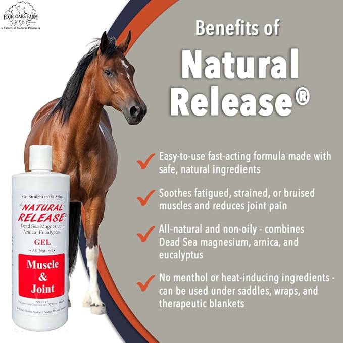 Natural Release Muscle Gel Treatment - Horse Liniment for Sore Muscles, Joint Pain, and Tendons - Easy to Use, Fast Acting, Alcohol & Menthol Free (32 oz)