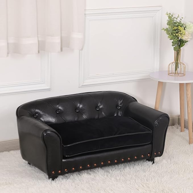 Dog Sofa and Chair/Luxury PU Leather Pet Sofa Chair/with Copper Nail Dog Couch/Wooden Frame Cat Sofa Chair/Dog Sofa Bed with Suede Cushion for Small Dog Using(Black)