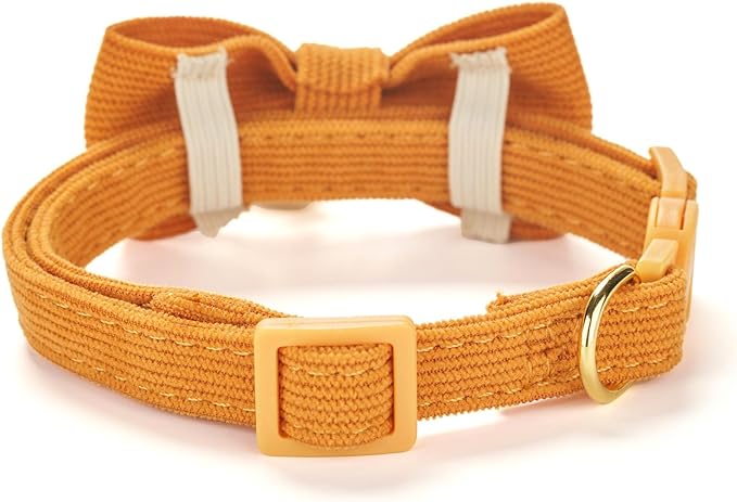 2 Pack Soft Corduroy Cat Collars with Bow Tie & Bell, Adjustable Breakaway Cotton Kitty Bowtie Collar for Girl Boy Kitten (Orange & Green)