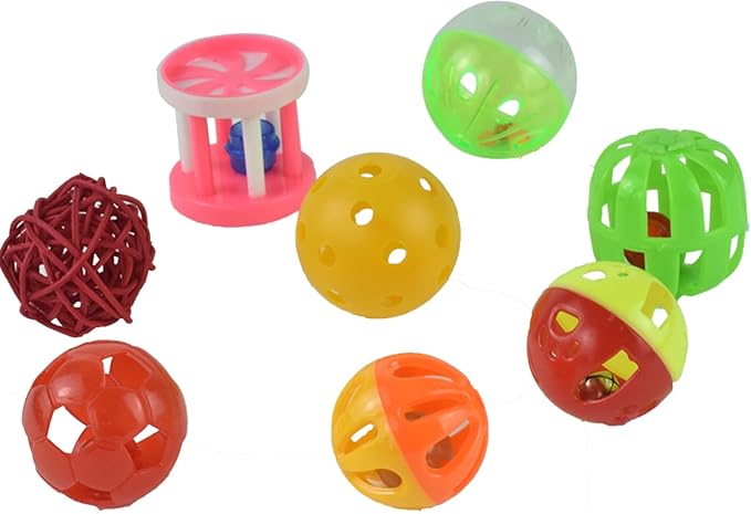 8pcs Bird Cat Ball Toys with Bell Colorful Parakeets Foot Talon Training Toy Conures Feeder Toys Cockatiel Chewing Rattle Balls Parrot Cage Activity Toys for Budgie Playgym Birdcage