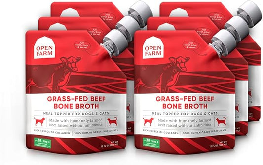 Open Farm Bone Broth, Food Topper for Both Dogs and Cats with Responsibly Sourced Meat and Superfoods without Artificial Flavors or Preservatives, 72oz (6 Pack Grass-Fed Beef)