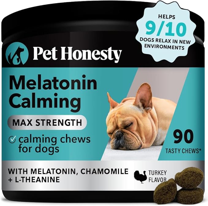 Pet Honesty Calming Melatonin for Dogs - Natural Dog Anxiety Relief with Chamomile + L-Theanine, Soft Calming Chews for Dogs Helps Aid with Stress, Thunder, Fireworks, Chewing, Barking (90 Count)