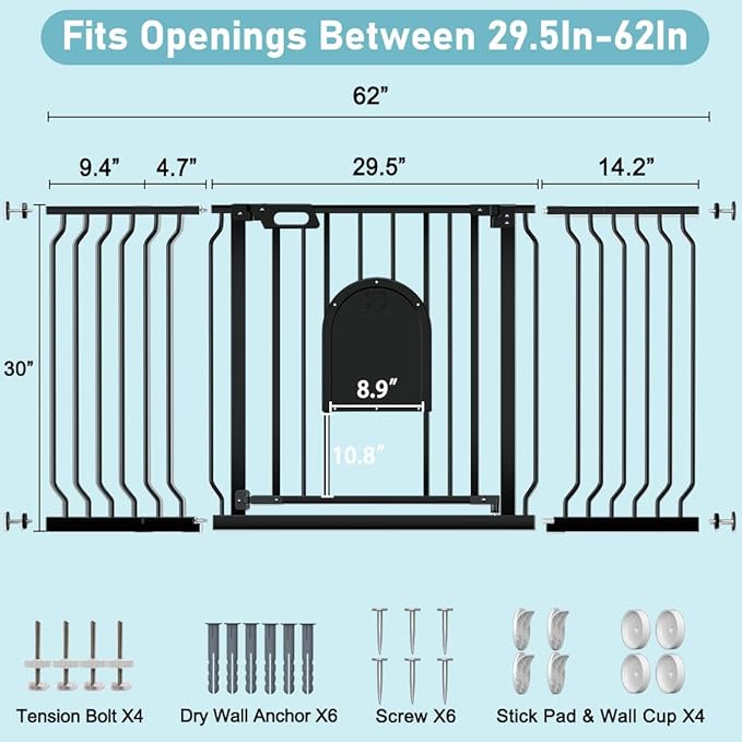 Baby Gate with Cat Door,29.5"-62" Extra Wide Pet Gates with Door Walk Thru, Auto Close Child Safety Gate for Doorways Stairs, Pressure Mounted Metal Dog Gate with Pet Door Adjustable, Black