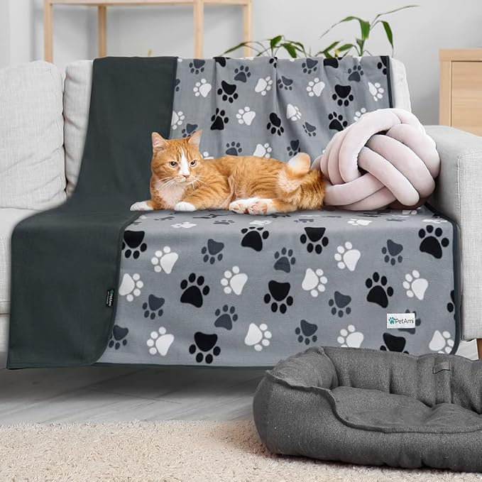 PetAmi Waterproof Dog Blanket for Bed, XL Pet Blanket Couch Cover Protection, Fleece Cat Blanket Throw for Crate Kennel Sofa Furniture Protector, Reversible Soft Plush, Twin 60x80 Paw Print Gray