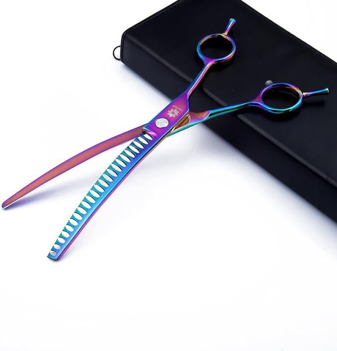 6.5"/8.0'' Professional Chunker Shear Twin Tail Downward Curved Pet Grooming Thinning/Blending Scissors Dog&cat Grooming Chunkers Shear (8 inches) Rainbow