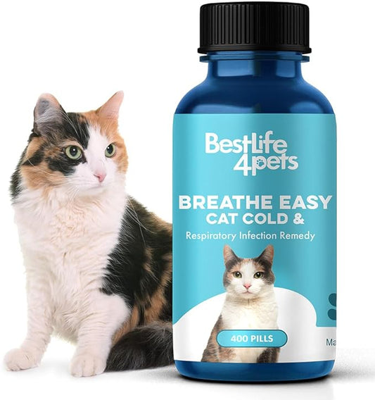 BestLife4Pets Cat Cold & Respiratory Infection Remedy - Breathe Easy Natural Relief for Your Feline's Runny Nose, Sneezing, Coughing, Nasal Congestion, and Asthma - 400 Odorless, Tasteless Pills