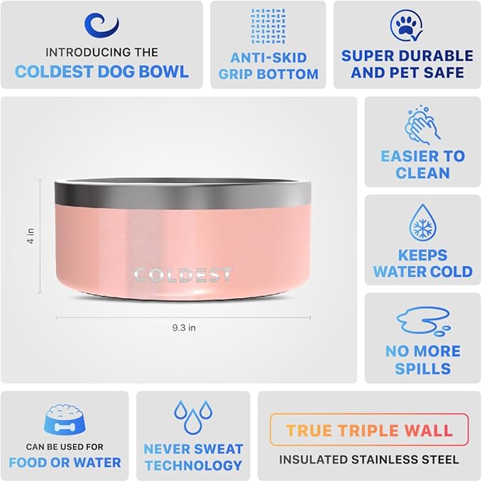 Coldest Dog Bowl, Anti Rust Metal & Non Slip Dog Bowls Large, Spill Proof Heavy Duty 3 Layers Insulated Dog Bowl, Food & Water Bowl for Dogs, Cats, Dishwasher Safe (100 oz, Forever Pink Glitter)