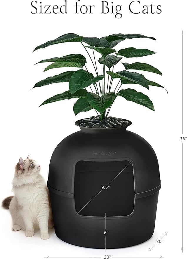 Secret Litter Box by Bundle & Bliss - Hidden Litter Box Enclosure with Odor Control Carbon Filter, Faux Plant and Real Stones, Perfect for Large Cats (Matte Black)