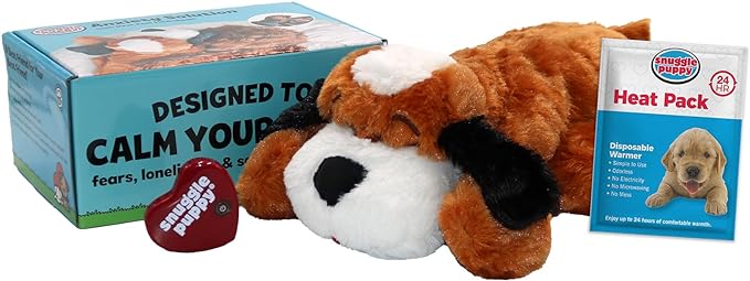 SmartPetLove Original Snuggle Puppy Heartbeat Stuffed Toy for Dogs. Pet Anxiety Relief and Calming Aid, Comfort Toy for Behavioral Training in Brown and White