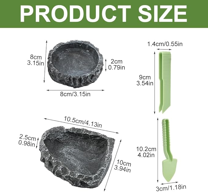 Reptile Bowls, 2 Pcs Reptile Feeding Dish with Clamp & Shovel, Resin Rock Reptile Water & Food Bowls, Amphibian Reptile Feeding Terrarium Bowls for Gecko Lizard Spider Scorpion Chameleon