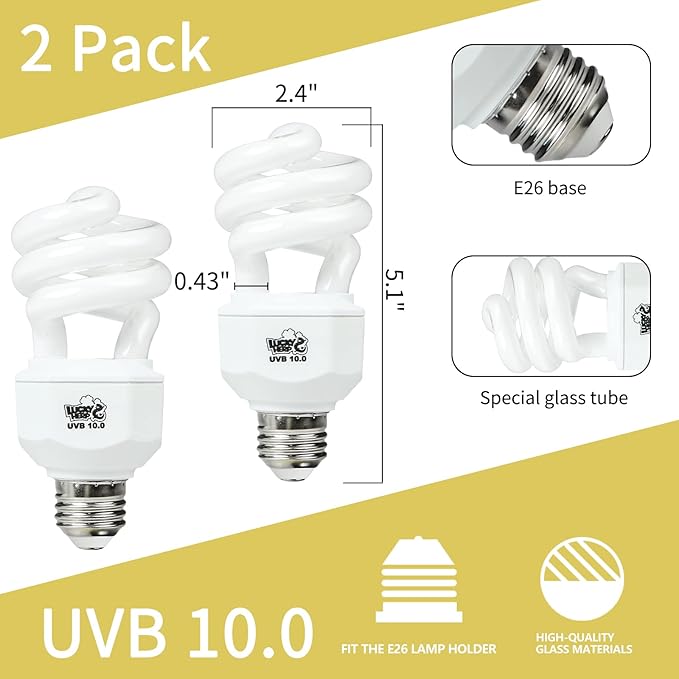 LUCKY HERP 2 Pack UVA UVB Reptile Light, 15W 10.0 UVB Bulb for Desert Reptiles, Compact Fluorescent Terrarium Lamp, Reptile UVB Bulb for Bearded Dragon, Lizard, Tortoise