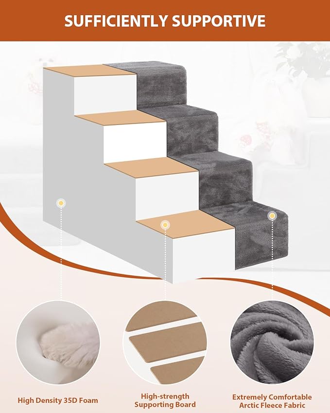 Dog Stairs for Small Dogs，18’’ 4-Step Pet Stairs for High Beds and Couches，Dog Steps with Non-Slip Bottom and High-Density Foam Indoor Outdoor, Grey