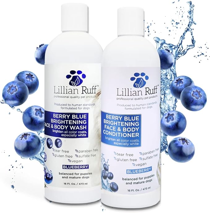 Lillian Ruff Berry Blue Brightening Face and Body Wash for Dogs - Blueberry Shampoo - Remove Tear Stains, Hydrate Dry Itchy Skin, Add Shine & Luster to Coats (Berry Blue Shampoo & Conditioner Set)