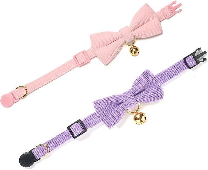 2 Pack Soft Corduroy Cat Collars with Bow Tie & Bell, Adjustable Breakaway Cotton Kitty Bowtie Collar for Girl Female Kitten (Pink & Purple)