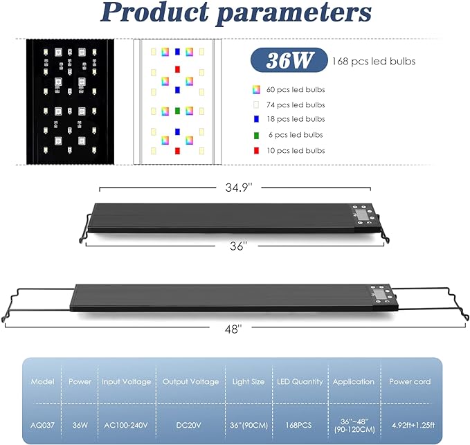AQQA Aquarium Light,Multi-Function Fish Tank Led Light 24/7 DIY Auto On Off + Night Mode + Day Mode + Full Spectrum + 7 Colors,Adjustable Brightness Waterproof with Timer for Freshwater 36W