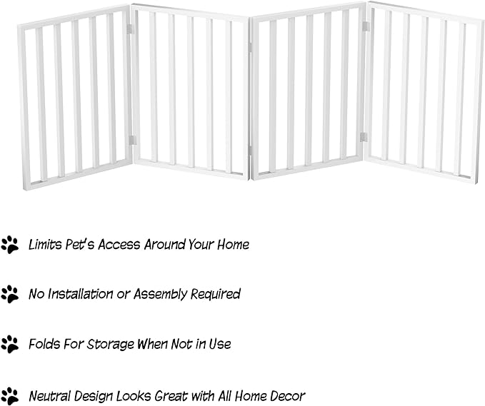 Pet Gate - 4-Panel Indoor Foldable Dog Fence for Stairs, Hallways or Doorways - 72x24-Inch Retractable Wood Freestanding Dog Gates by PETMAKER (White)