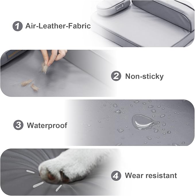 Dog Bed for Large Dogs, Easy Clean Dog Sofa Air-Leather-Fabric Pet Bed, Stain & Waterproof Dog Bed with Memory Foam & Washable Cover, with Pillow & Side Cushion, Gray, L Size