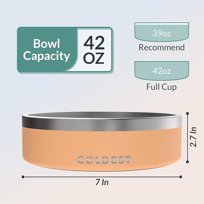 Coldest Dog Bowl - Anti Rust Metal & Non Slip Dog Bowls Large, Spill Proof Heavy Duty 3 Layers Insulated Dog Bowl - Food and Water Bowl for Dogs, Cats & Pets, Dishwasher Safe (42 oz, Sahara Peach)