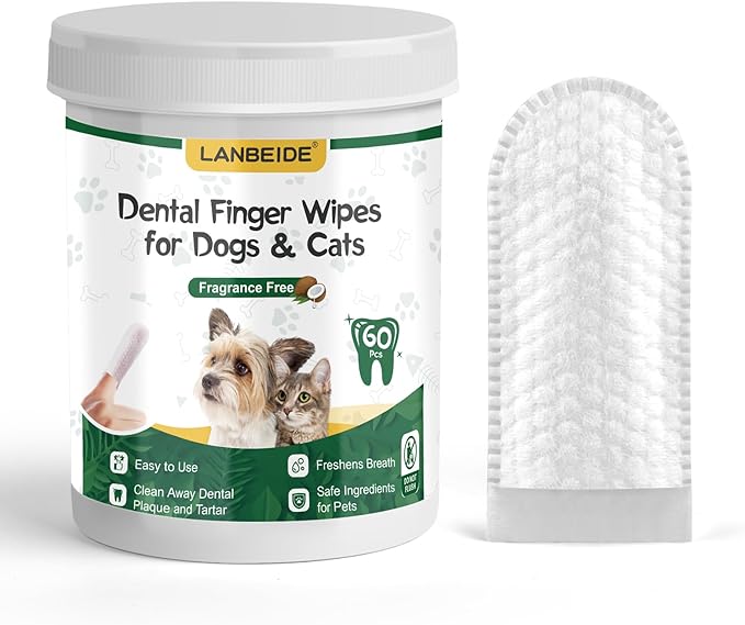 LANBEIDE Pet Teeth Cleaning Wipes for Dogs & Cats 60 Counts, Dog Dental Wipes for Reducing Plaque & Tartar, Breath Freshener Dental and Gum Care Finger Pet Wipes, No Hard Toothbrush