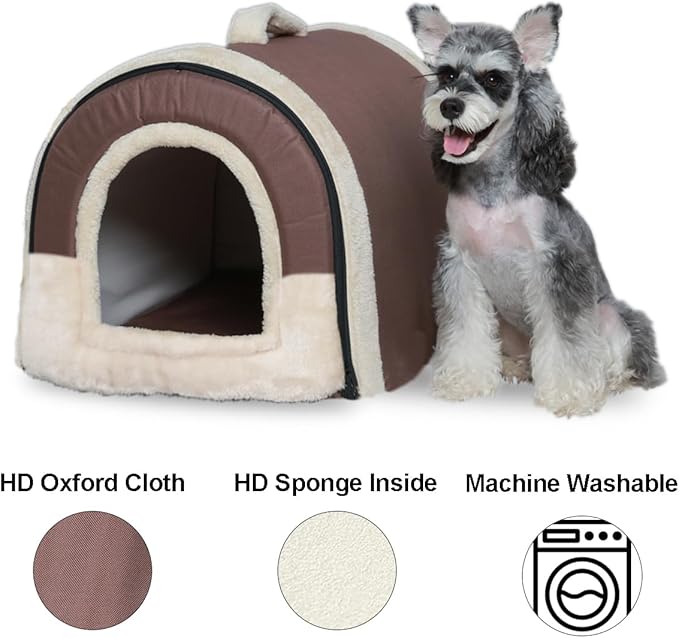 ANPPEX Dog House Indoor,2 in 1 Washable Covered Dog Bed,Insulated Cozy Dog Igloo Cave,L Size for Small and Medium Dogs,Brown