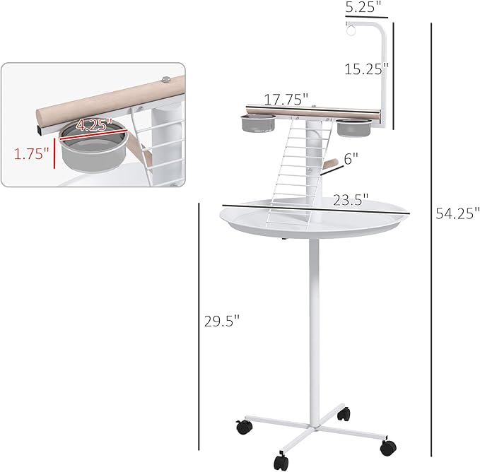 NicBex 54.25" Large Bird Stand with Wheels,Bird Play Stand for Parrot Lovebirds Finches Parakeets Budgie Parrotlet Conures,Parrot Stand with Perches, Stainless Steel Feed Bowls,Toy Hanger,White