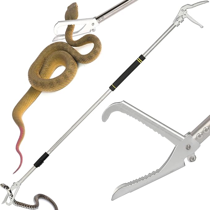 69" Snake Grabber Reacher Tool, Snake Tongs Reptile Grabber Tongs Adjustable Length Long Keep Safe spacing Stainless Steel Sponge Handle Rattle Snake Catcher Wide Jaw (Black)