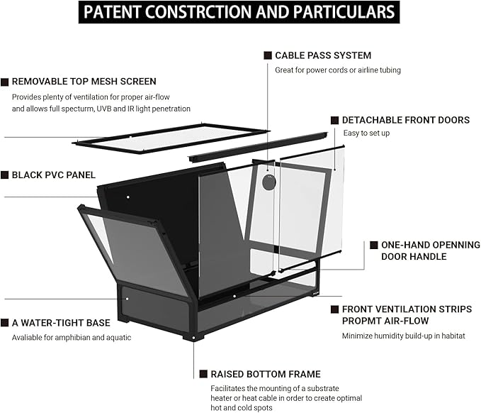 REPTI ZOO Collapsible 60 Gallon 36" Wide Reptile Tank, Tempered Glass Large Reptile Terrarium 36"x18"x24", Black PVC Back, Front & Top Ventilation & Anti Escape Lid, Easy Folding