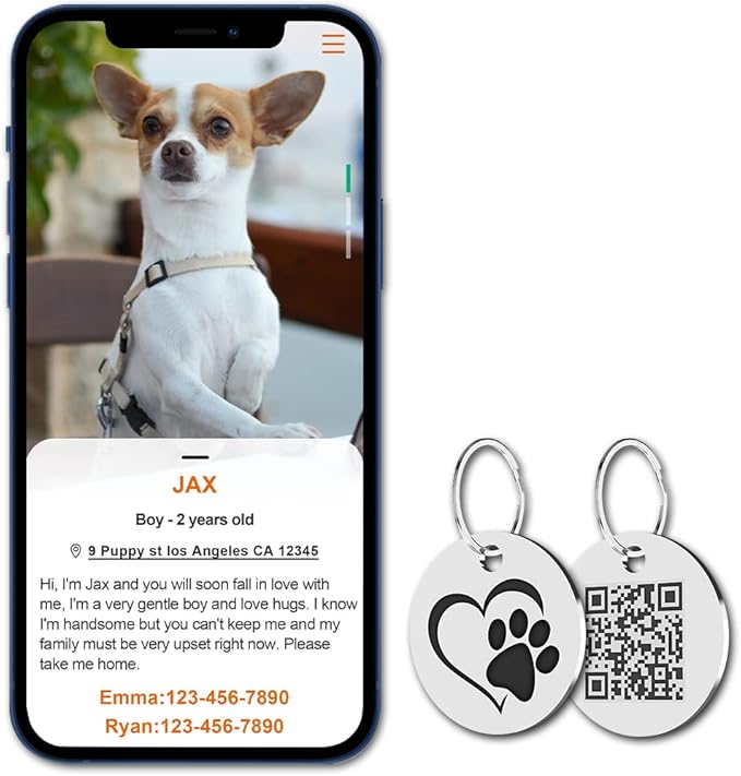 MYLUCKYTAG Stainless Steel QR Code Pet ID Tags Cat Tags - Pet Online Profile - Scan QR Receive Instant Pet Location Alert Email