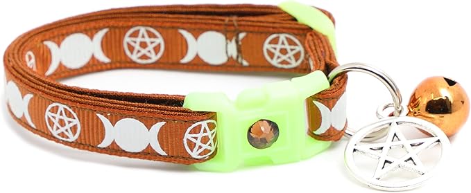 Wicca Cat Collar with Occult Charm & Bell | Witch’s Familiar Cat Collar | Witch Kitten Collar Charms | Glow in The Dark | Safety Breakaway Collar (Small(10lbs & Less), Brown)