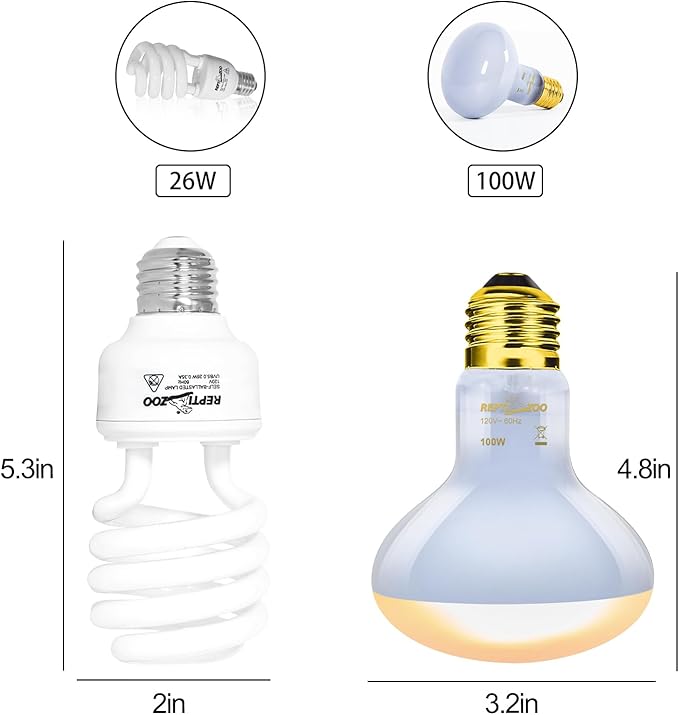 REPTIZOO Dual Reptile Light Fixture Reptile Heat Lamp Combo Pack, 100W UVA Daylight Basking Spot Light Heating Lamp and 26W UVA UVB Reptile Light Energy Saving Spiral Compact Lamp UVB Bulb 5.0