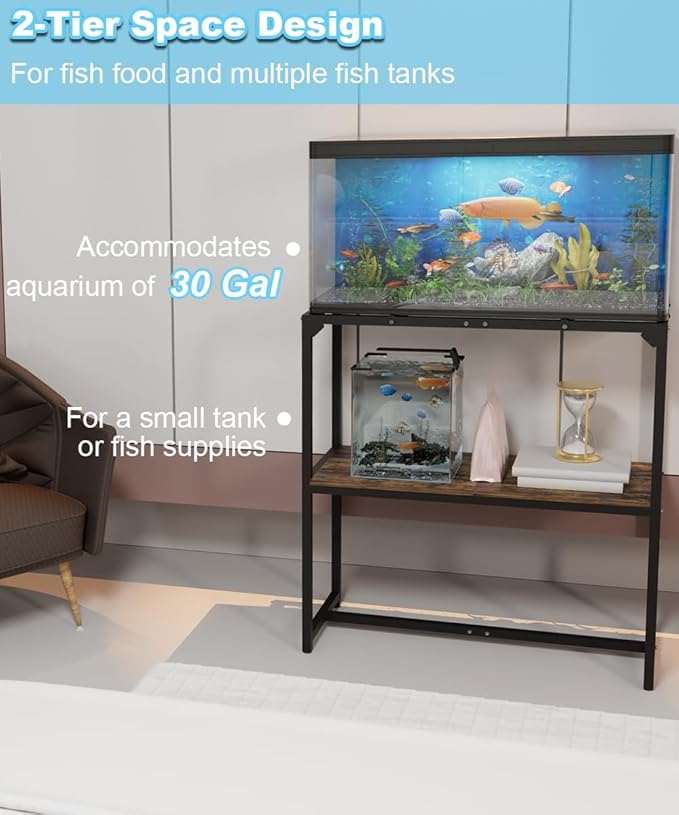 30 Gallon Fish Tank Stand, Upgraded Height Aquarium Stand Table with 2 Tiers Storage Shelf, Metal Reptile Breeder Turtle Terrarium Stand Rack for Home Office, 30" L x 12" W x 32.2" H, 660 LBS Capacity, Black