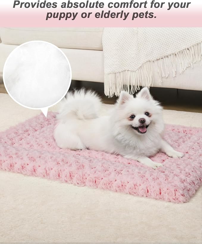 Washable Dog Bed Mat Reversible Dog Crate Pad Soft Fluffy Pet Kennel Beds Dog Sleeping Mattress for Large Jumbo Medium Small Dogs, 41 x 27 Inch, Pink