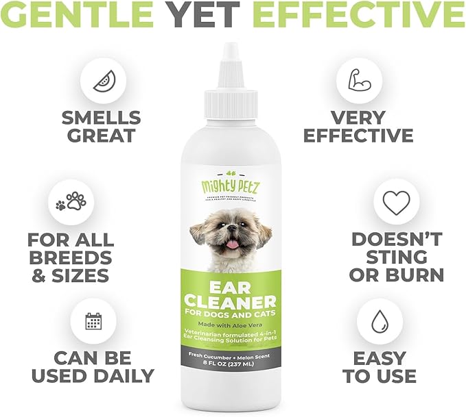 Mighty Petz Dog Ear Cleaner – Pet Ear Wash to Support Itchy, Infection Prone Ears, Yeast and Wax. Advanced & Gentle Otic Cleaning Solution. Ear Drops for Dogs and Cats - 8 oz