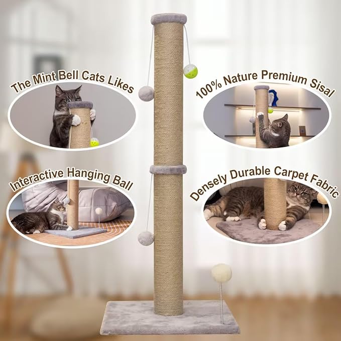 Cat Scratching Post 36 in Tall Large Cat Scratch Post for Indoor Cats with Natural Sisal Rope 3.4 Inch Diameter Scratcher Post Tree Kitten Interactive Toy(Gray)…