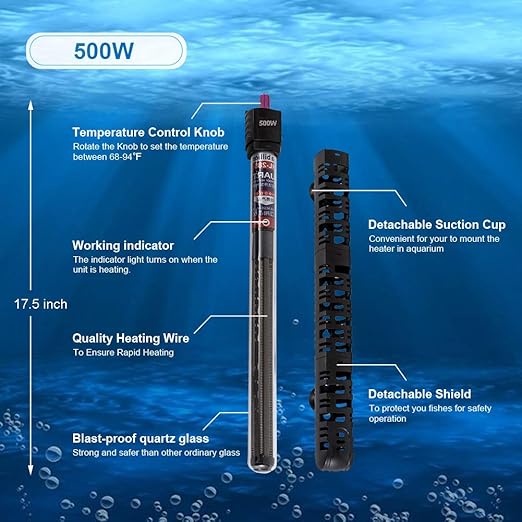 MQ Submersible Aquarium Heater Auto Thermostat, 500W Fish Tank Heater with LCD Digital Aquarium Thermometer, Shatter-Proof and Blast-Proof