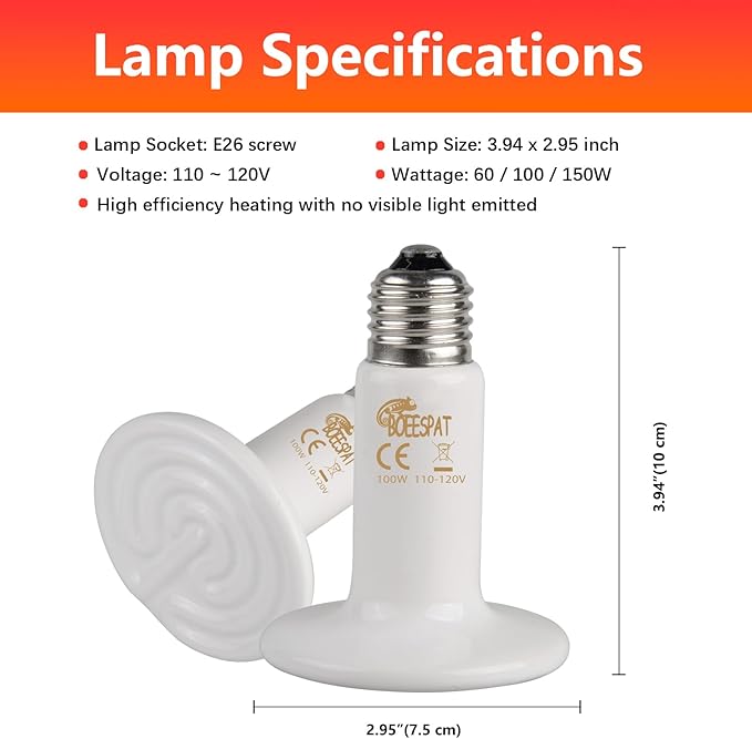 Energy Efficient 150W Heat Lamp Bulbs, Pack of 2 Ceramic Heat Emitters for Reptiles Geckos, Lizard, Bearded Dragon, Tortoise & Small Pets Basking (White, 150 Watts)