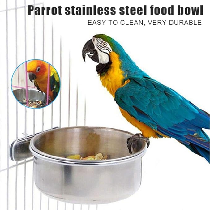 Parrot Feeding Bowls, Bird Cage Cups Holder - Stainless Steel Food and Water Dish, Bird Feeders with Clamp for Parakeet African Greys Conure Cockatiels Lovebird Budgie Chinchilla