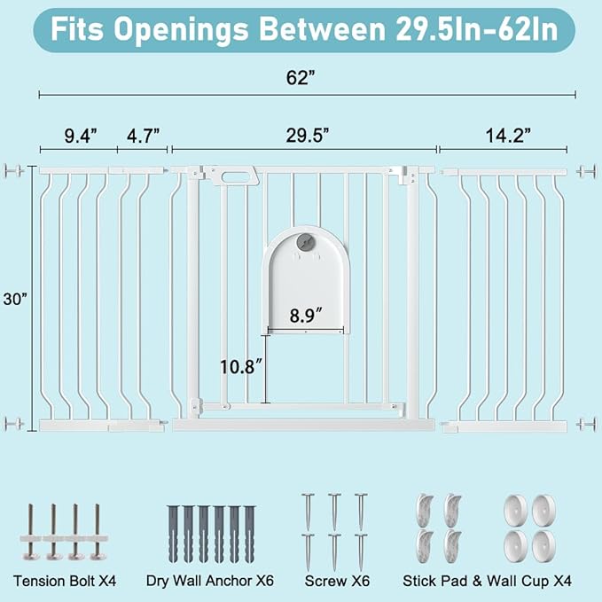 Baby Gate with Cat Door,29.5"-62" Extra Wide Pet Gates with Door Walk Thru, Auto Close Child Safety Gate for Doorways Stairs, Pressure Mounted Metal Dog Gate with Pet Door Adjustable, White