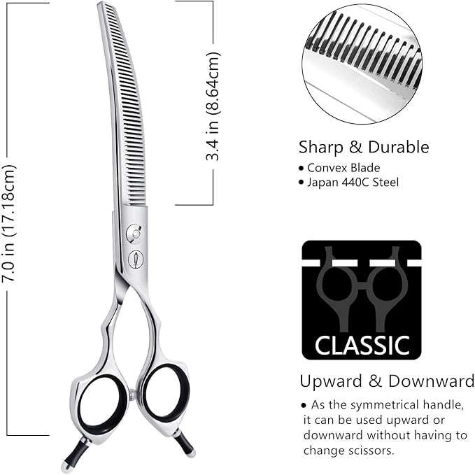 HASHIMOTO Curved Thinning Shears for Dogs,Curved Dog Thinning Shears for Grooming,Cat Curved Blender,50 Teeth,7.0 Inch,30% Thinning Rate,Light Weight.Designed for Pet Groomers or Family DIY Use.