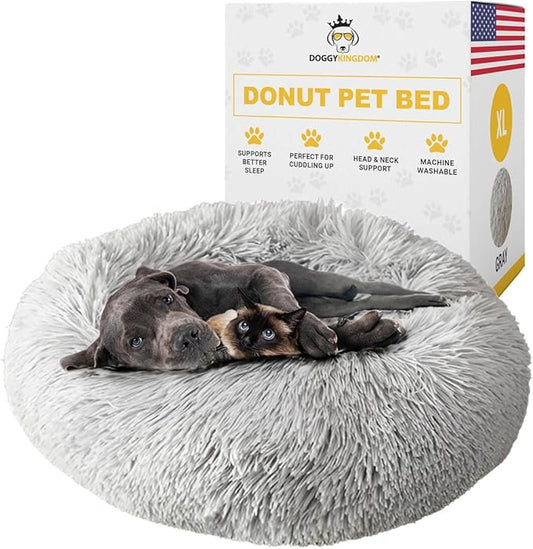 Calming Round Donut Dog Bed Pillow, Washable, Anti Anxiety, Anti-Slip, Cozy Soft Cuddler Comfort Bed with Fluffy Plush Faux Fur for large medium small Sized Dog - Gray, XL 39 inch