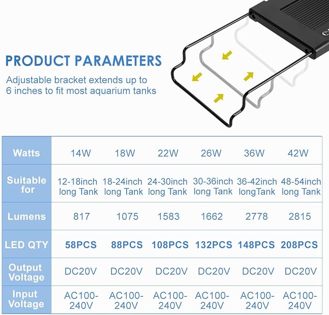 Aquarium Light,42W 24/7 Natural Mode,9 Light Modes(Water Grass Mode & 7 Colors & Cycle),Adjustable Timer and 7 Color Brightness - with Expandable Mounting Bracket for 48~54IN Fish Tank