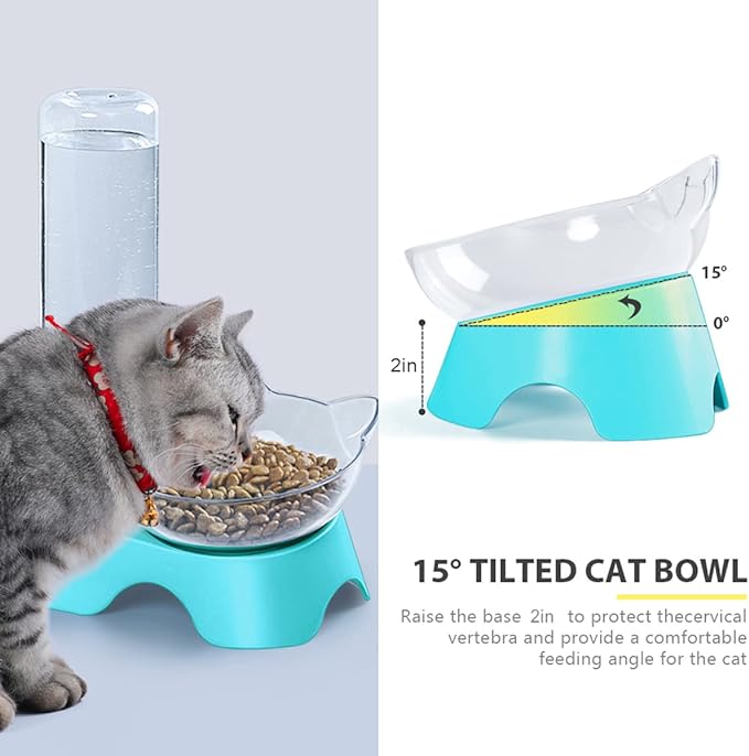 MILIFUN Double Dog Cat Bowls - Pets Water and Food Bowl Set, 15°Tilted Water and Food Bowl Set with Automatic Waterer Bottle for Small or Medium Size Dogs Cats