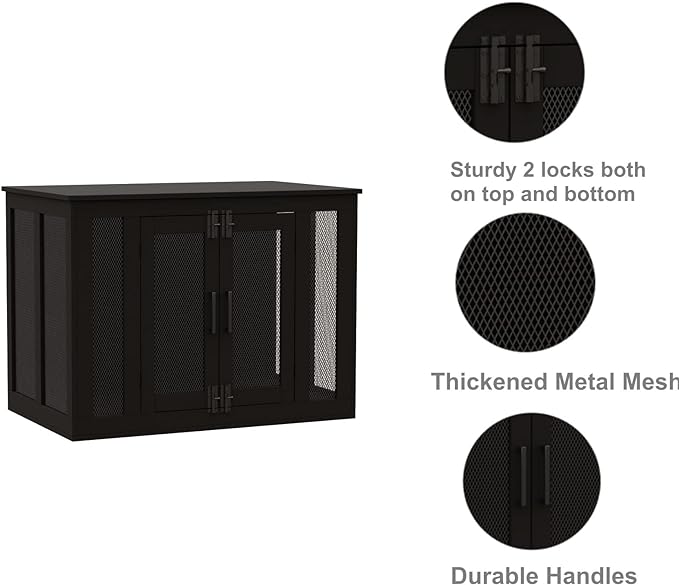 Irontar End Table Dog Crate Furniture for Small to Large Dogs, Wooden Dog Kennel with Cushion, Double-Door Dog House, Black MGW001H