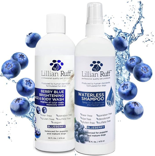 Lillian Ruff Berry Blue Brightening Face and Body Wash for Dogs - Blueberry Shampoo - Remove Tear Stains, Hydrate Dry Itchy Skin, Add Shine & Luster to Coats (Berry Blue Shampoo & Waterless Set)