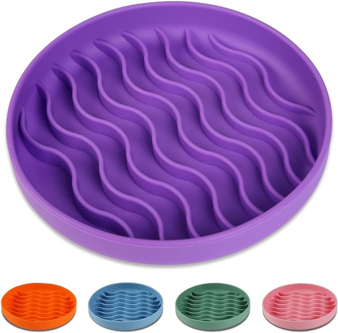 Slow Feeder Dog Bowls, Silicone Food Bowl Anti-Gulping, Pets Puppy Slow Feeder with Suction Cups, Dishwasher Microwave Safe for All Small Medium Dogs, Wave Design Purple