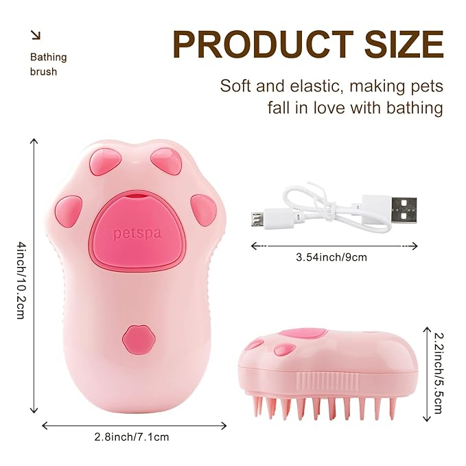 Cat Steam Brush, 3 in 1 Cat Steamy Brush, Silicone Massage Grooming Brush, Pet Hair Cleaning Brush Comb for Cats Dogs(Pink Cat Paw)